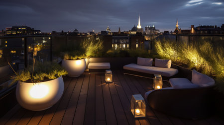 The roof terrace lighting up in the style of contemporary elegance, eco - friendly craftsmanship. Generative AIの素材