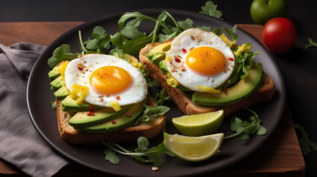 Toast Perfection, Savory Eggs, Creamy Avocado, and Fresh Salad Medley. Generative AIの素材