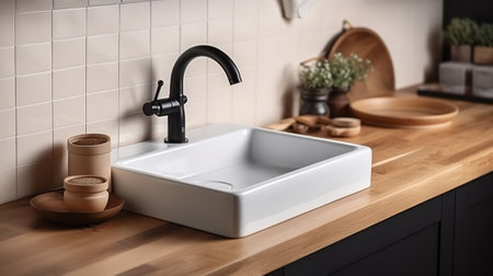 Ceramic Sink Resting on a Wooden Counter in a Kitchen Oasis. Generative AIの素材