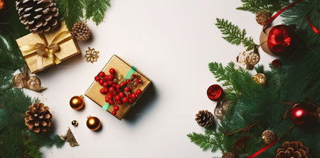 Christmas mood concept. Layout composition with traditional festive attributes, green decorative fresh pine tree branches. Winter holidays season. Generative AIの素材