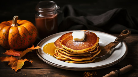 Pumpkin pancakes on rustic wood background, copy space. Generative AIの素材