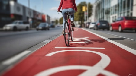 Traffic, city transport and people concept - woman cycling along red bike lane with signs of bicycles on street. Generative AIの素材