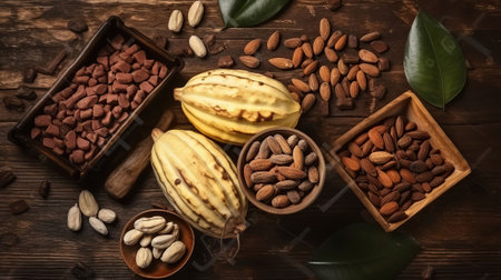 Cocoa Concoctions, A Wholesome Harmony of Nature and Nourishment on Wooden Canvas, top view. Generative AIの素材