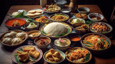Table full of Indonesian dishes, padang style. Generative AIの素材