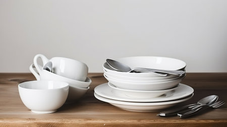Elegant Simplicity, White Dishware and Cutlery Adorn a Rustic Wooden Table. Generative AIの素材