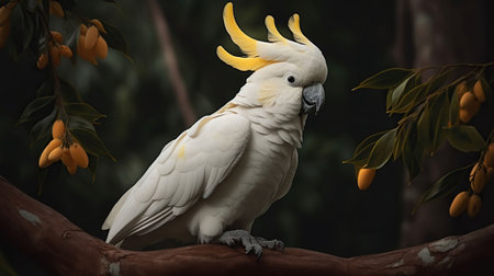Yellow-crested cockatoo, standing on a tree branch gracefully. Generative AIの素材
