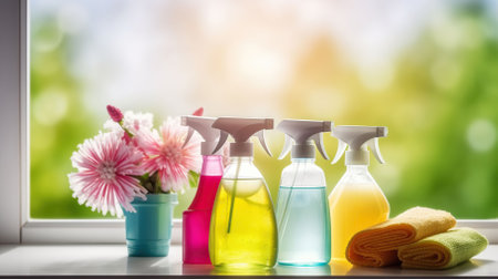 Spring cleaning concept - cleaning supplies and flowers on blur background, copy space. Generative AIの素材