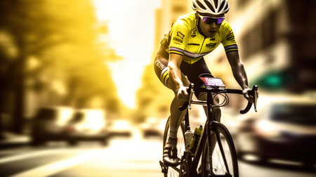 Racing Cyclist Unleashing Power on Sunlit Streets. Generative AIの素材