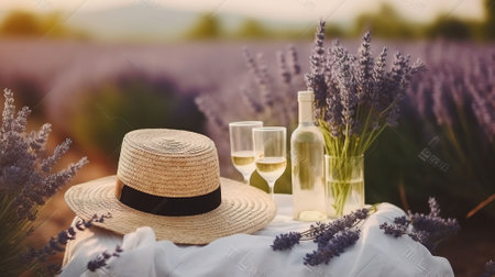 Two glasses with white wine and bottle on background of a lavender field. Generative AIの素材