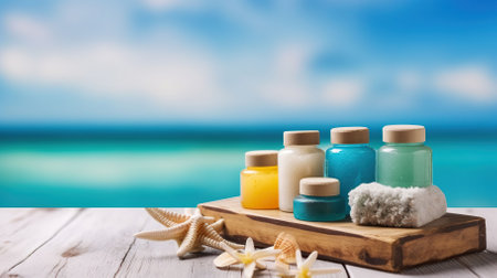 Spa Massage Products Harmonizing on Wood with a Blissful Blue Sea in the Background. Generative AIの素材