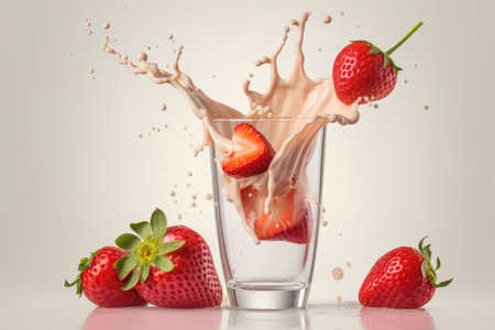 Some strawberries falling with a juicy splash into a glass of beige and carmin thick organic juice before a bright white background. Generative AIの素材