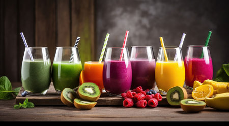 A Kaleidoscope of Colorful Smoothies and Fresh Ingredients on a Rustic Canvas. Generative AIの素材