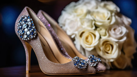 Wedding shoes with crystals and bouquet. Generative AIの素材