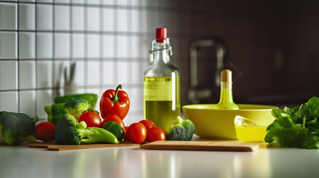 Vegetables, oil and scraper on kitchen counter background. Generative AIの素材