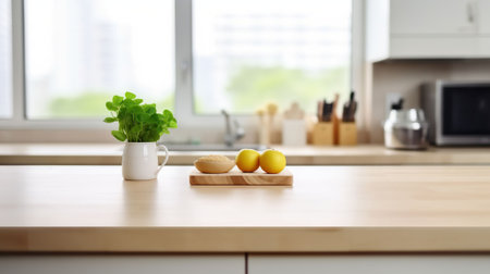 Wooden Tabletop Set against a Blurred Kitchen and Window Scene. Generative AIの素材
