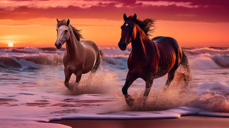 Wild Horses Galloping on the Beach amidst a Breathtaking Sunrise and Vibrant Ocean Waves. Generative AIの素材