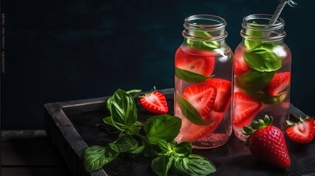 Quench Your Thirst with Strawberry and Basil Infused Water. Generative AIの素材
