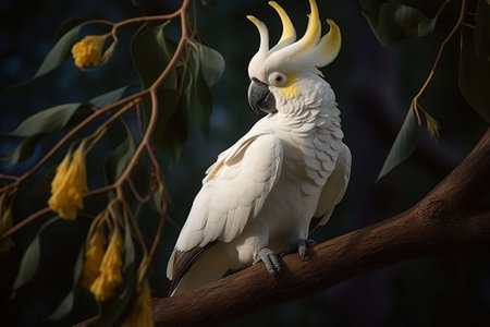 Yellow-crested cockatoo, standing on a tree branch gracefully. Generative AIの素材