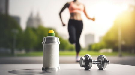 Composition with metal dumbbell, protein shake and blurred woman jogging on background, Generative AIの素材