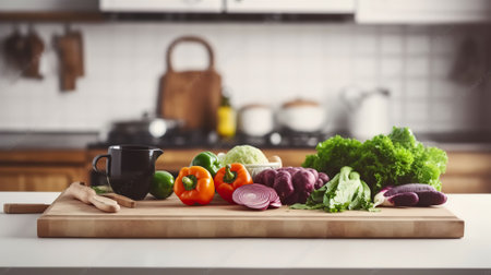 Wooden table with vegetables on top over blurred kitchen interior. Generative AIの素材