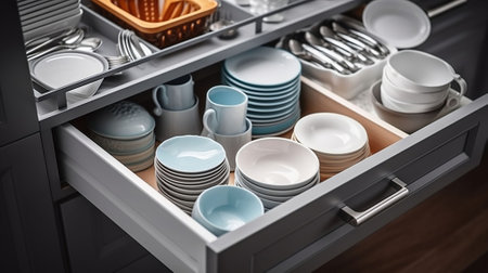 Set of tableware in kitchen drawers. Generative AIの素材
