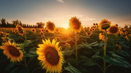 Sunflowers on the field at sunset, Generative AIの素材