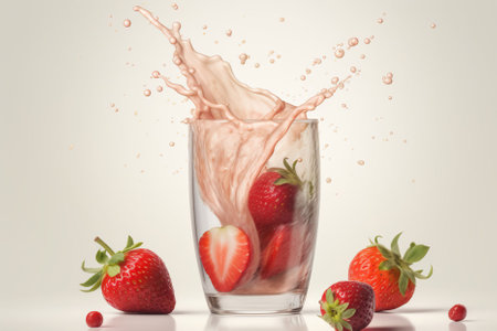 Some strawberries falling with a juicy splash into a glass of beige and carmin thick organic juice before a bright white background. Generative AIの素材