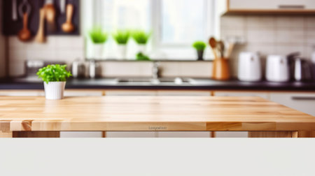 Wooden Tabletop Set against a Blurred Kitchen and Window Scene. Generative AIの素材