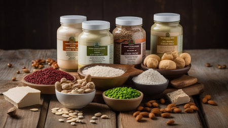 Selection vegan protein sources on wood background. Generative AIの素材