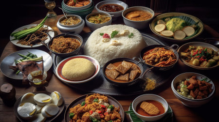 Table full of Indonesian dishes, padang style. Generative AIの素材