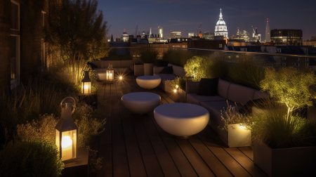 The roof terrace lighting up in the style of contemporary elegance, eco - friendly craftsmanship. Generative AIの素材