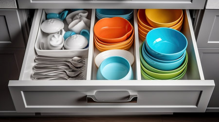 Set of tableware in kitchen drawers. Generative AIの素材