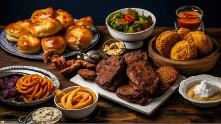 Selection of traditional hanukkah food for festive dinner, Generative AIの素材