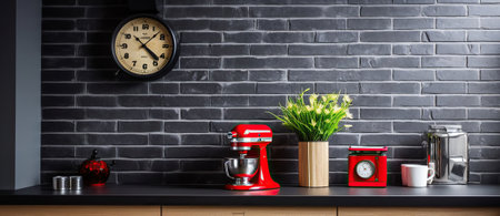 Wooden clock on black brick wall in trendy kitchen with red kitchen robot. Generative AIの素材