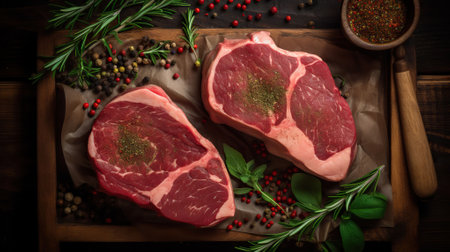 Raw meat steaks with fresh seasonings on rustic wooden background, top view. Generative AIの素材