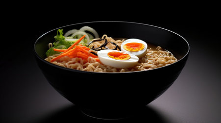 Umami Delights, A Taste of Japan's Finest in a Black Bowl of Ramen. Generative AIの素材