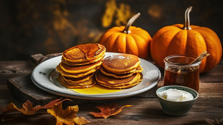 Pumpkin pancakes on rustic wood background, copy space. Generative AIの素材