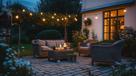 Summer evening on the patio of beautiful suburban house with garden. Generative AIの素材