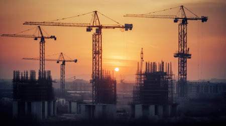 Tower cranes at a large construction site at sunset, A beautiful construction yard in the background. Generative AIの素材