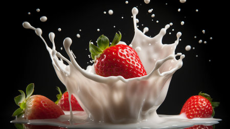 Strawberries falling into milk, top view, splashes of milk, professional food photo. Generative AIの素材
