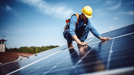 Worker installing solar panels outdoors, Generative AIの素材