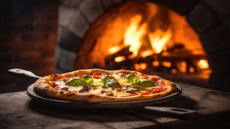 Traditional baked pizza on background of blurred brick oven fire. Generative AIの素材
