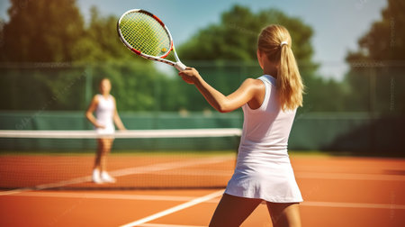Young woman playing tennis on court, Generative AIの素材