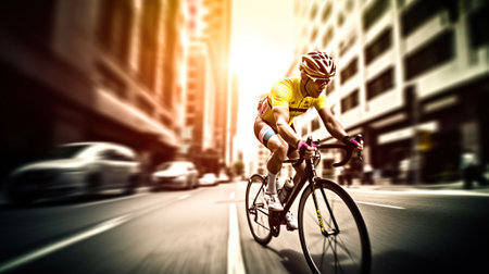 Racing cyclist on street, daylight, gradient from magenta to yellow. Generative AIの素材