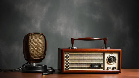 Retro radio and microphone on table against light wall. Generative AIの素材