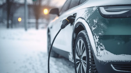 Vehicle, power and green energy concept - close up of electric car charging battery in winter. Generative AIの素材