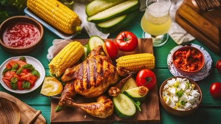 Summer bbq party concept - grilled chicken, vegetables, corn, salad, copy space. Generative AIの素材