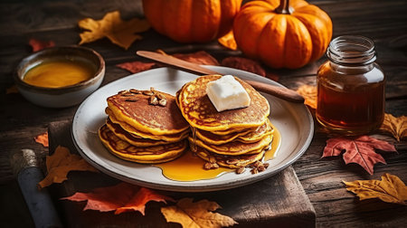 Pumpkin Perfection, Rustic Delights of Fluffy Pancakes on Wood. Generative AIの素材