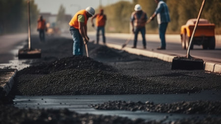 Road workers with shovels in their hands throw forked asphalt on a new road. Road service repairs the highway. Generative AIの素材