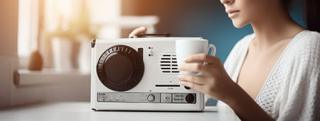 Young woman with cup of coffee listening to radio in kitchen, Generative AIの素材